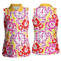 Palaka with Honu and Hibiscus Women Sleeveless Polo Shirt Hawaiian Heritage Spirit - Polynesian Pride