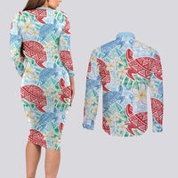 Palaka with Honu and Plumeria Couples Matching Long Sleeve Bodycon Dress and Long Sleeve Button Shirt Hawaiian Heritage Spirit - Polynesian Pride