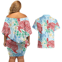 Palaka with Honu and Plumeria Couples Matching Off Shoulder Short Dress and Hawaiian Shirt Hawaiian Heritage Spirit - Polynesian Pride