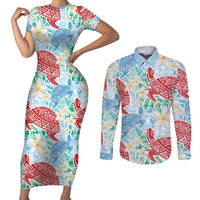 Palaka with Honu and Plumeria Couples Matching Short Sleeve Bodycon Dress and Long Sleeve Button Shirt Hawaiian Heritage Spirit - Polynesian Pride