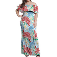 Palaka with Honu and Plumeria Off Shoulder Maxi Dress Hawaiian Heritage Spirit - Polynesian Pride
