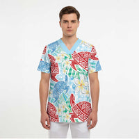 Palaka with Honu and Plumeria Scrub Top Hawaiian Heritage Spirit - Polynesian Pride