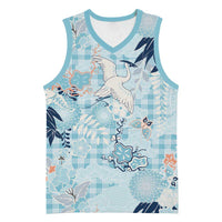 Blue Palaka Crane and Flowers Basketball Jersey Japan Heritage Spirit - Polynesian Pride