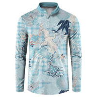 Blue Palaka Crane and Flowers Button Sweatshirt Japan Heritage Spirit - Polynesian Pride