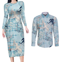 Blue Palaka Crane and Flowers Couples Matching Long Sleeve Bodycon Dress and Long Sleeve Button Shirt Japan Heritage Spirit - Polynesian Pride