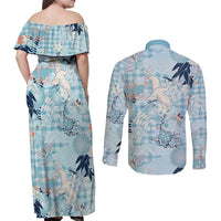 Blue Palaka Crane and Flowers Couples Matching Off Shoulder Maxi Dress and Long Sleeve Button Shirt Japan Heritage Spirit - Polynesian Pride
