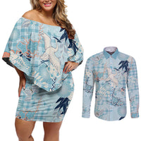 Blue Palaka Crane and Flowers Couples Matching Off Shoulder Short Dress and Long Sleeve Button Shirt Japan Heritage Spirit - Polynesian Pride