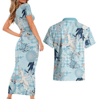 Blue Palaka Crane and Flowers Couples Matching Short Sleeve Bodycon Dress and Hawaiian Shirt Japan Heritage Spirit - Polynesian Pride
