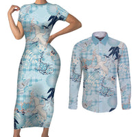 Blue Palaka Crane and Flowers Couples Matching Short Sleeve Bodycon Dress and Long Sleeve Button Shirt Japan Heritage Spirit - Polynesian Pride