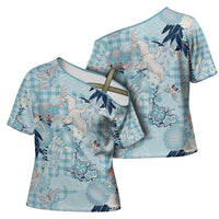 Blue Palaka Crane and Flowers Cross Shoulder Shirt Japan Heritage Spirit - Polynesian Pride