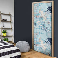 Blue Palaka Crane and Flowers Door Cover Japan Heritage Spirit - Polynesian Pride