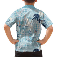 Blue Palaka Crane and Flowers Family Matching Off The Shoulder Long Sleeve Dress and Hawaiian Shirt Japan Heritage Spirit - Polynesian Pride