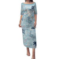 Blue Palaka Crane and Flowers Family Matching Puletasi and Hawaiian Shirt Japan Heritage Spirit - Polynesian Pride