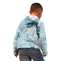 Blue Palaka Crane and Flowers Kid Hoodie Japan Heritage Spirit - Polynesian Pride