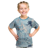 Blue Palaka Crane and Flowers Kid T Shirt Japan Heritage Spirit - Polynesian Pride