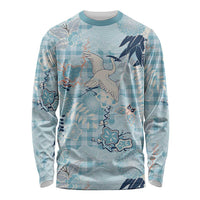 Blue Palaka Crane and Flowers Long Sleeve Shirt Japan Heritage Spirit - Polynesian Pride
