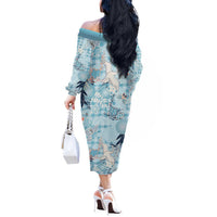Blue Palaka Crane and Flowers Off The Shoulder Long Sleeve Dress Japan Heritage Spirit - Polynesian Pride