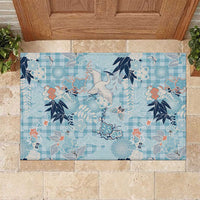 Blue Palaka Crane and Flowers Rubber Doormat Japan Heritage Spirit - Polynesian Pride