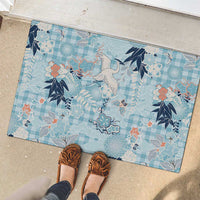 Blue Palaka Crane and Flowers Rubber Doormat Japan Heritage Spirit - Polynesian Pride