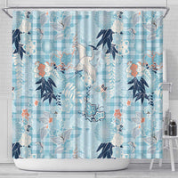 Blue Palaka Crane and Flowers Shower Curtain Japan Heritage Spirit - Polynesian Pride