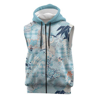Blue Palaka Crane and Flowers Sleeveless Zip Hoodie Japan Heritage Spirit - Polynesian Pride
