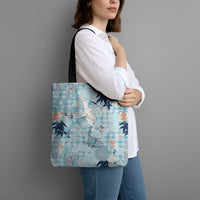 Blue Palaka Crane and Flowers Tote Bag Japan Heritage Spirit - Polynesian Pride