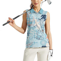 Blue Palaka Crane and Flowers Women Sleeveless Polo Shirt Japan Heritage Spirit - Polynesian Pride