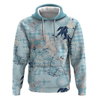 Blue Palaka Crane and Flowers Zip Hoodie Japan Heritage Spirit - Polynesian Pride
