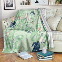 Green Palaka Crane and Flowers Blanket Japan Heritage Spirit - Polynesian Pride