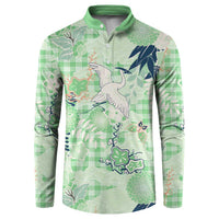 Green Palaka Crane and Flowers Button Sweatshirt Japan Heritage Spirit - Polynesian Pride