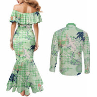 Green Palaka Crane and Flowers Couples Matching Mermaid Dress and Long Sleeve Button Shirt Japan Heritage Spirit - Polynesian Pride