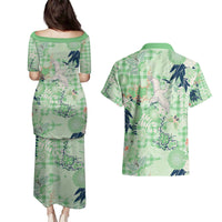 Green Palaka Crane and Flowers Couples Matching Puletasi and Hawaiian Shirt Japan Heritage Spirit - Polynesian Pride
