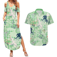 Green Palaka Crane and Flowers Couples Matching Summer Maxi Dress and Hawaiian Shirt Japan Heritage Spirit - Polynesian Pride