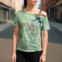Green Palaka Crane and Flowers Cross Shoulder Shirt Japan Heritage Spirit - Polynesian Pride