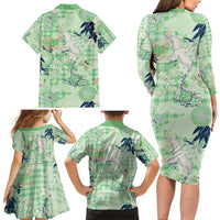 Green Palaka Crane and Flowers Family Matching Long Sleeve Bodycon Dress and Hawaiian Shirt Japan Heritage Spirit - Polynesian Pride