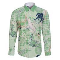 Green Palaka Crane and Flowers Family Matching Long Sleeve Bodycon Dress and Hawaiian Shirt Japan Heritage Spirit - Polynesian Pride