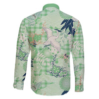 Green Palaka Crane and Flowers Family Matching Off The Shoulder Long Sleeve Dress and Hawaiian Shirt Japan Heritage Spirit - Polynesian Pride