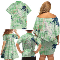 Green Palaka Crane and Flowers Family Matching Off Shoulder Short Dress and Hawaiian Shirt Japan Heritage Spirit - Polynesian Pride