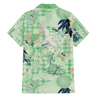 Green Palaka Crane and Flowers Family Matching Off Shoulder Short Dress and Hawaiian Shirt Japan Heritage Spirit - Polynesian Pride