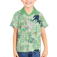 Green Palaka Crane and Flowers Family Matching Off Shoulder Short Dress and Hawaiian Shirt Japan Heritage Spirit - Polynesian Pride