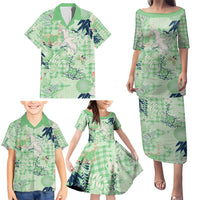 Green Palaka Crane and Flowers Family Matching Puletasi and Hawaiian Shirt Japan Heritage Spirit - Polynesian Pride