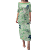 Green Palaka Crane and Flowers Family Matching Puletasi and Hawaiian Shirt Japan Heritage Spirit - Polynesian Pride