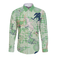 Green Palaka Crane and Flowers Long Sleeve Button Shirt Japan Heritage Spirit - Polynesian Pride