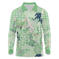 Green Palaka Crane and Flowers Long Sleeve Polo Shirt Japan Heritage Spirit - Polynesian Pride