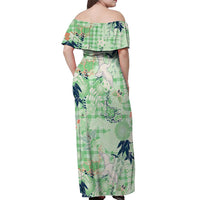 Green Palaka Crane and Flowers Off Shoulder Maxi Dress Japan Heritage Spirit - Polynesian Pride