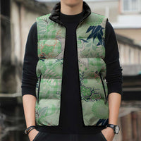 Green Palaka Crane and Flowers Sleeveless Puffer Jacket Japan Heritage Spirit - Polynesian Pride