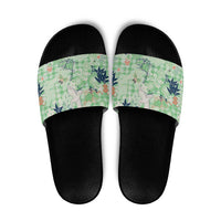 Green Palaka Crane and Flowers Slide Sandals Japan Heritage Spirit - Polynesian Pride