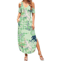 Green Palaka Crane and Flowers Summer Maxi Dress Japan Heritage Spirit - Polynesian Pride