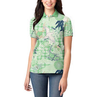Green Palaka Crane and Flowers Women Polo Shirt Japan Heritage Spirit - Polynesian Pride