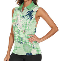 Green Palaka Crane and Flowers Women Sleeveless Polo Shirt Japan Heritage Spirit - Polynesian Pride